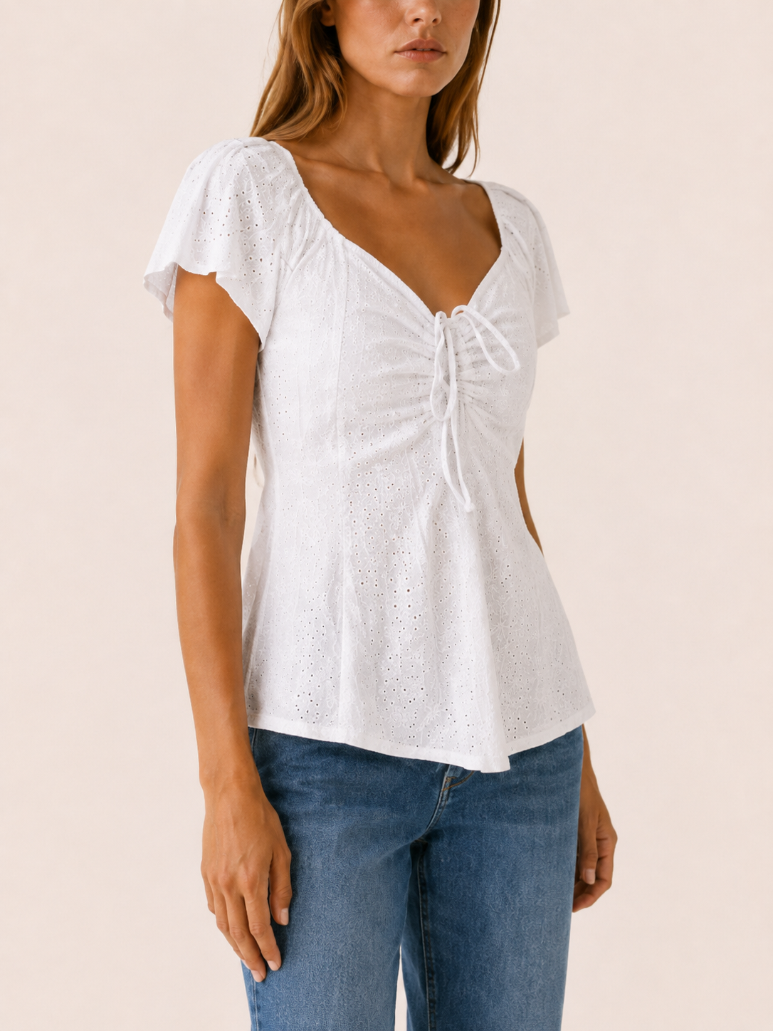 Romina | Women's Eyelet Puff Sleeve Tie Front Blouse