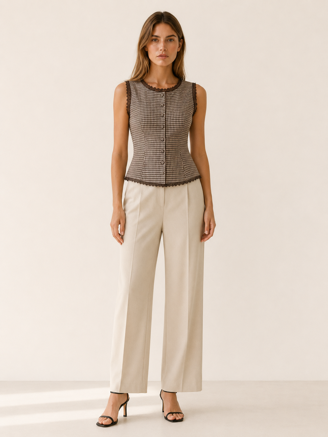Roxane | Women's Plaid Lace Trim Sleeveless Vest
