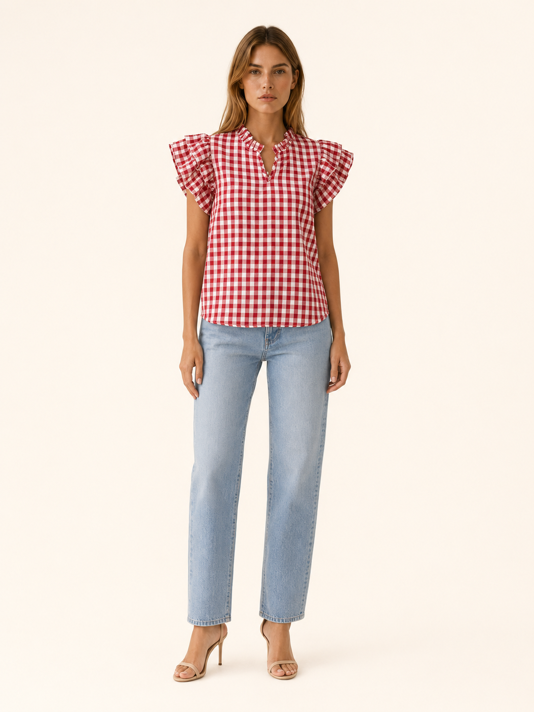 Ruelle | Women's Gingham Puff Sleeve Summer Blouse