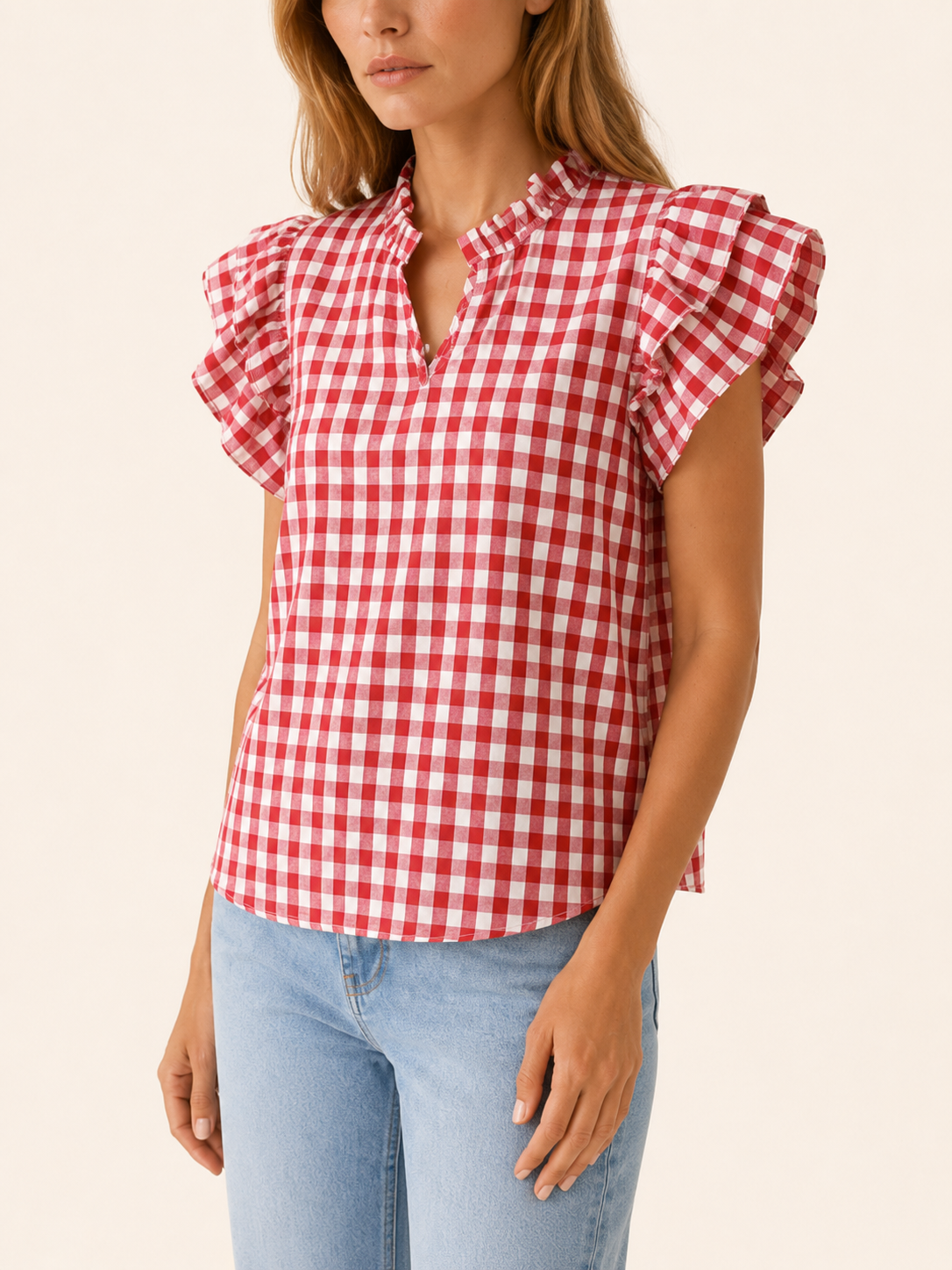 Ruelle | Women's Gingham Puff Sleeve Summer Blouse