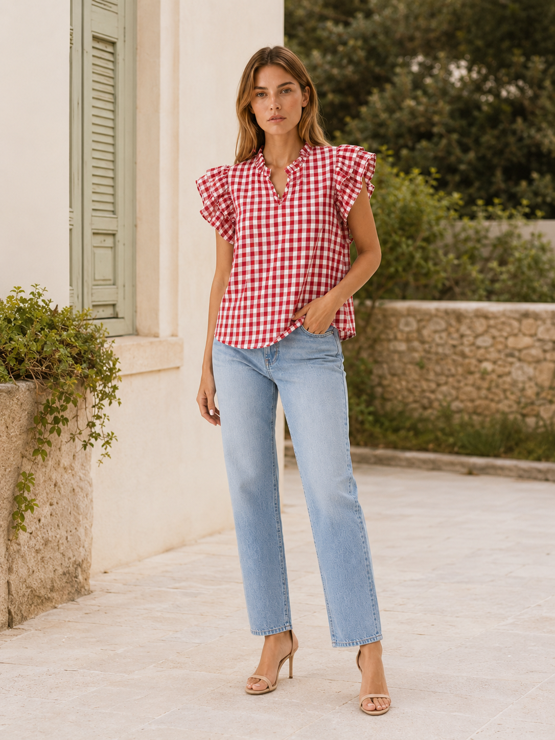 Ruelle | Women's Gingham Puff Sleeve Summer Blouse