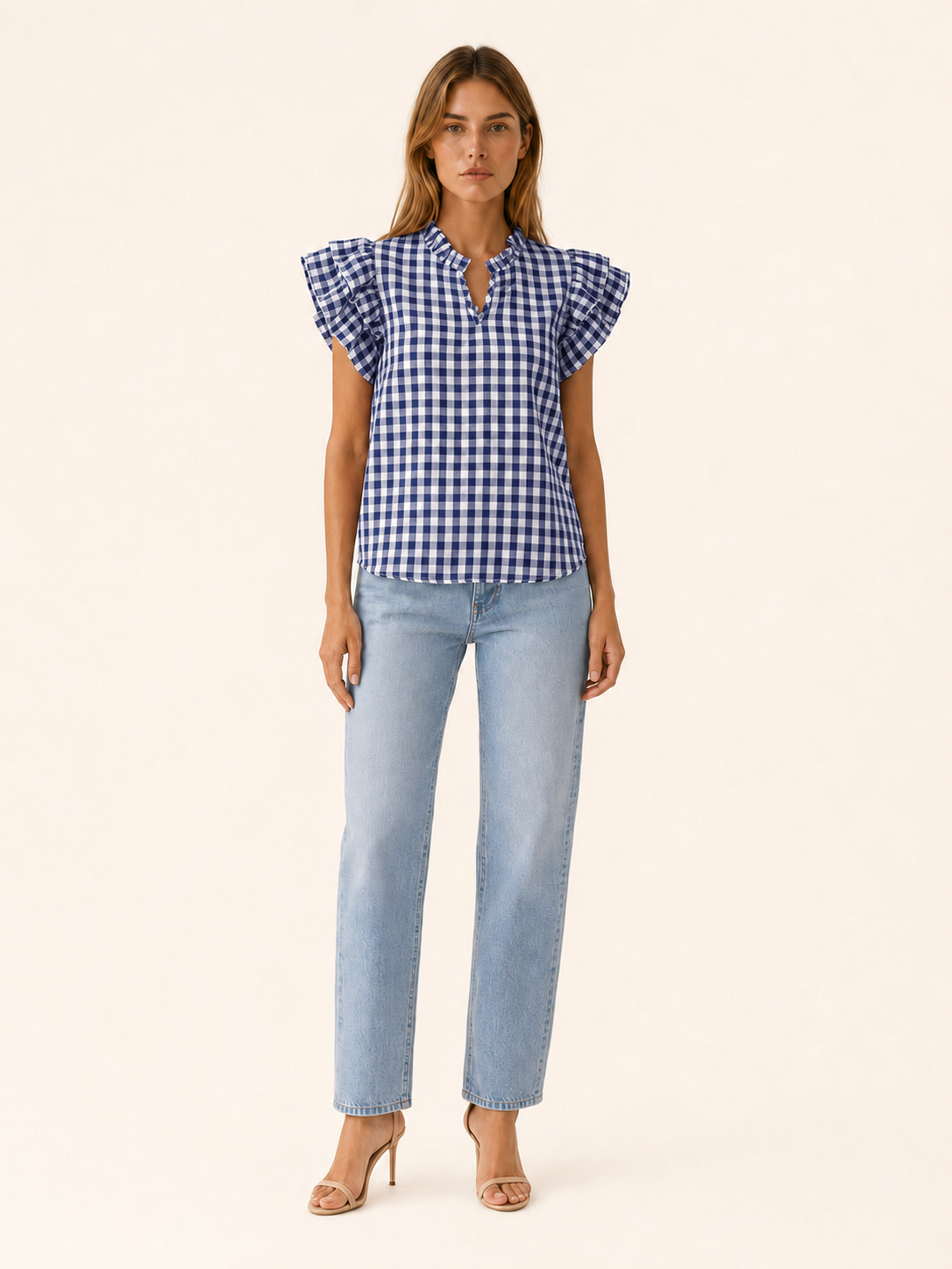 Ruelle | Women's Gingham Puff Sleeve Summer Blouse