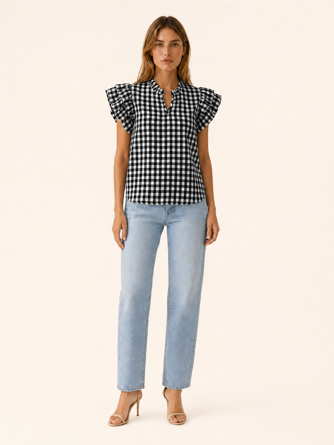 Ruelle | Women's Gingham Puff Sleeve Summer Blouse