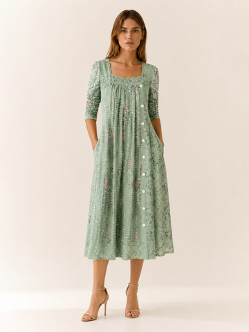 Sabella | Square Neck Midi Dress with Side Pockets