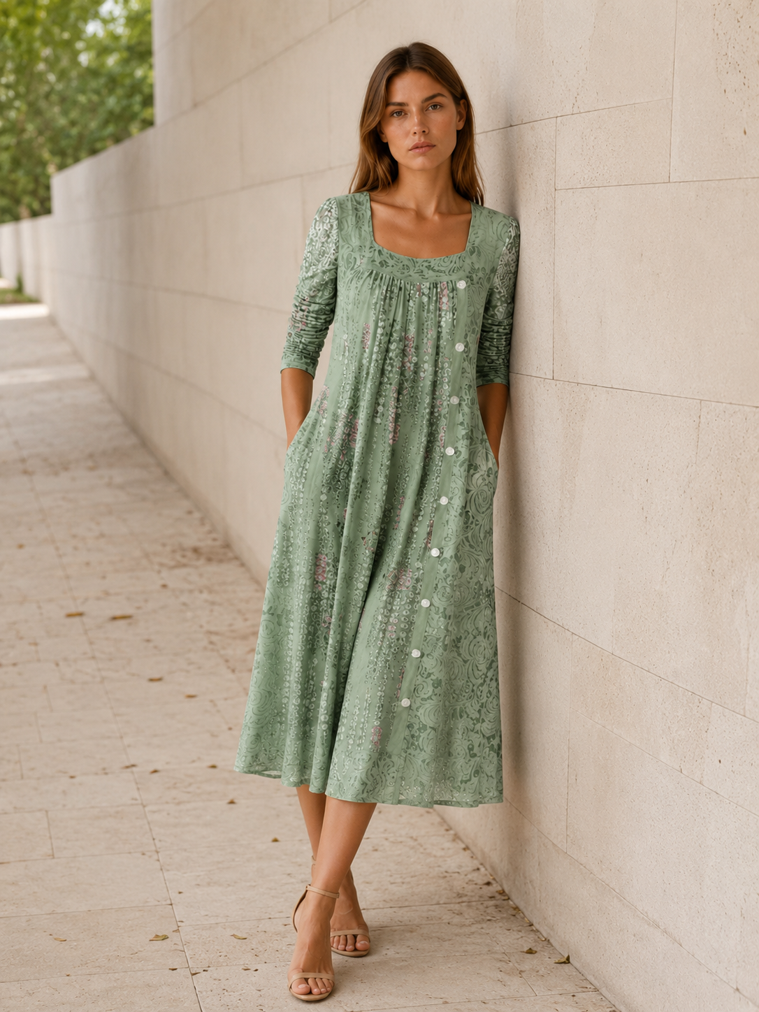 Sabella | Square Neck Midi Dress with Side Pockets