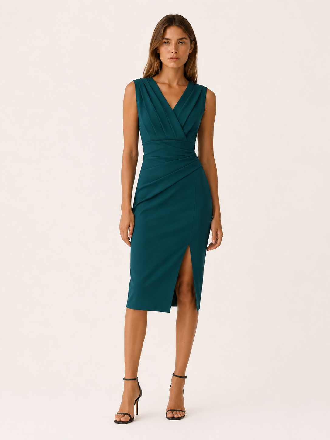 Sarina | Fitted Midi Dress with V Neck and Side Slit