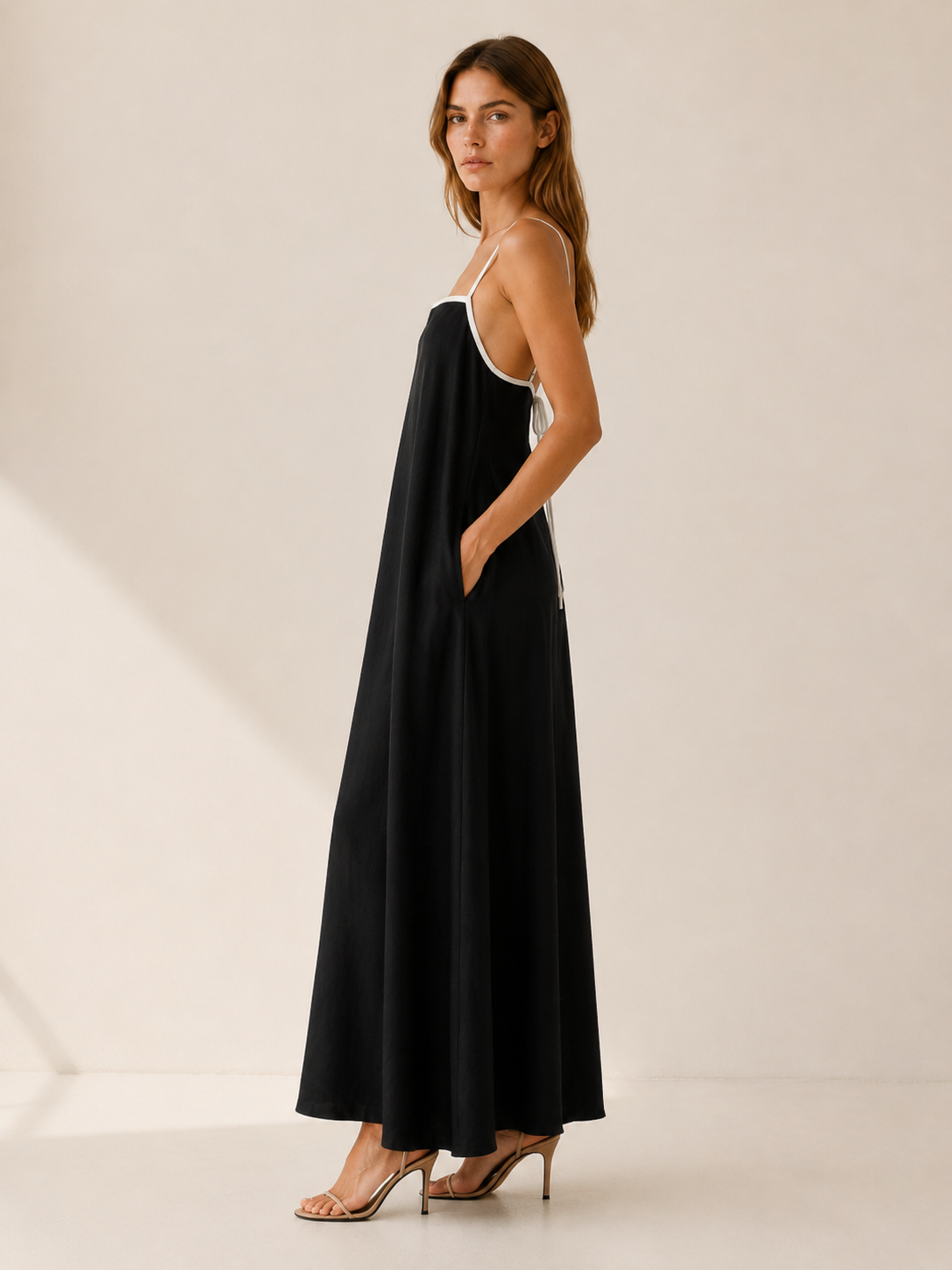 Saylor | Black Maxi Dress with Square Neck Tie Back Detail