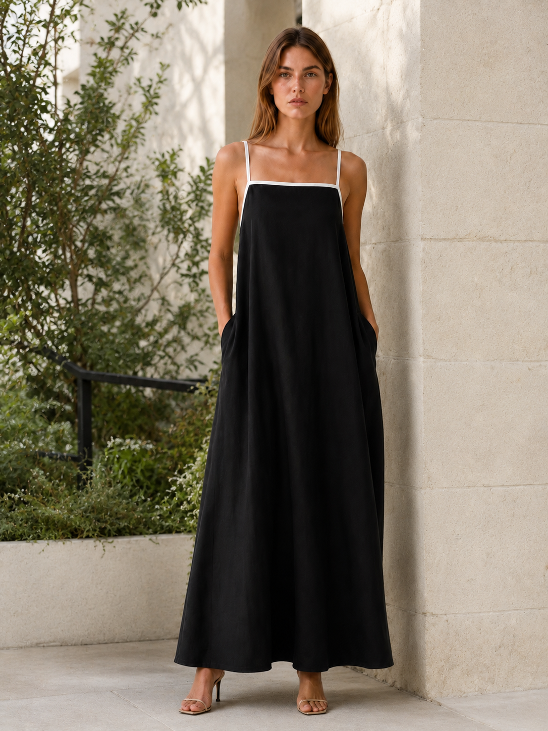 Saylor | Black Maxi Dress with Square Neck Tie Back Detail