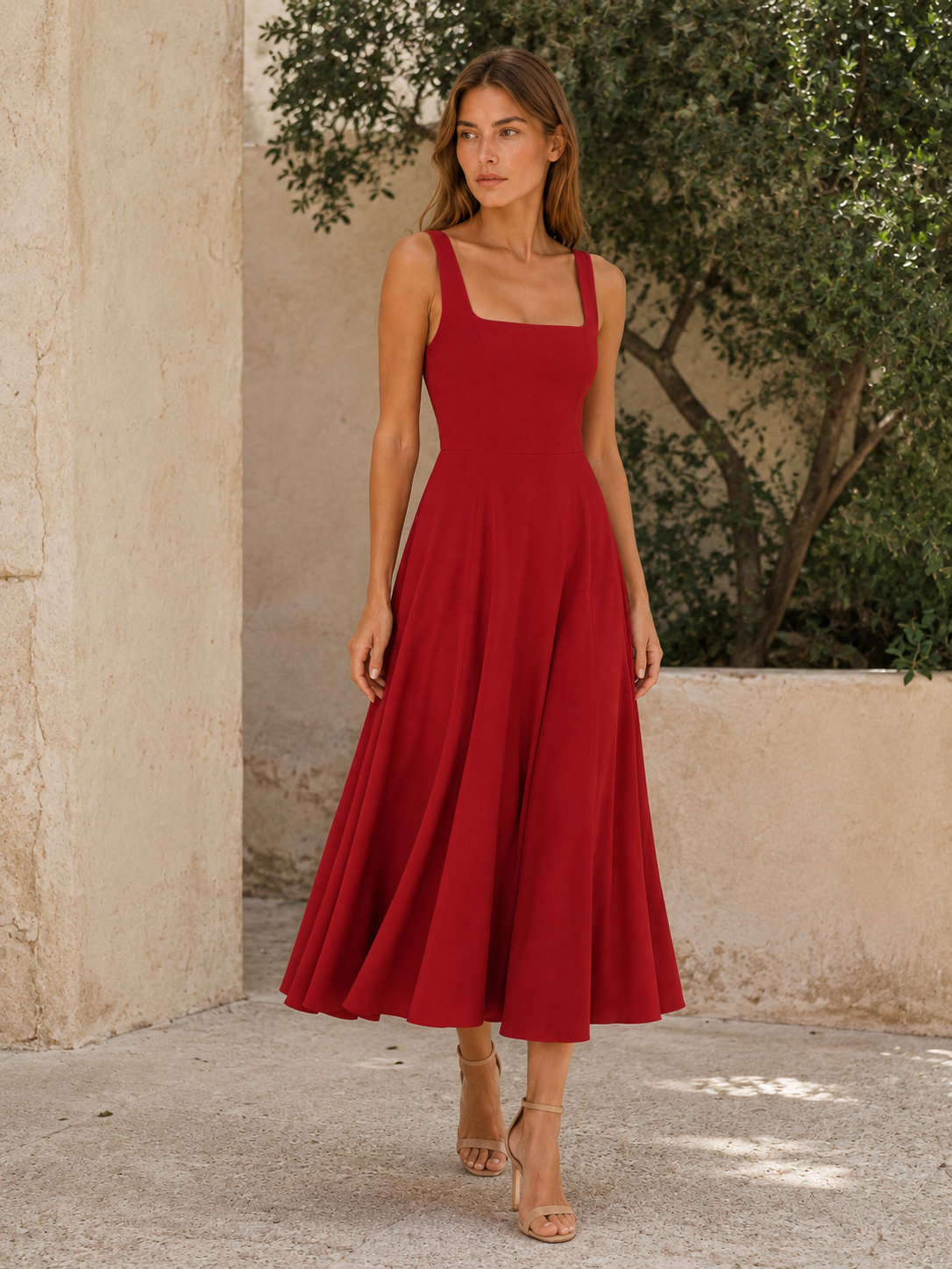 Selina | Square Neck Midi Dress with Wide Straps