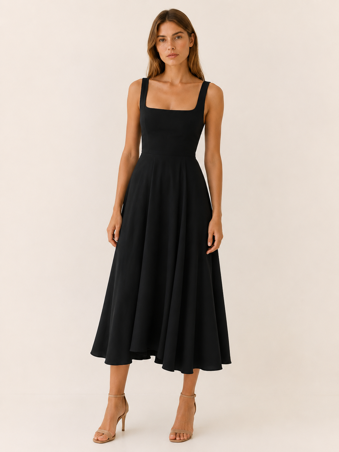 Selina | Square Neck Midi Dress with Wide Straps