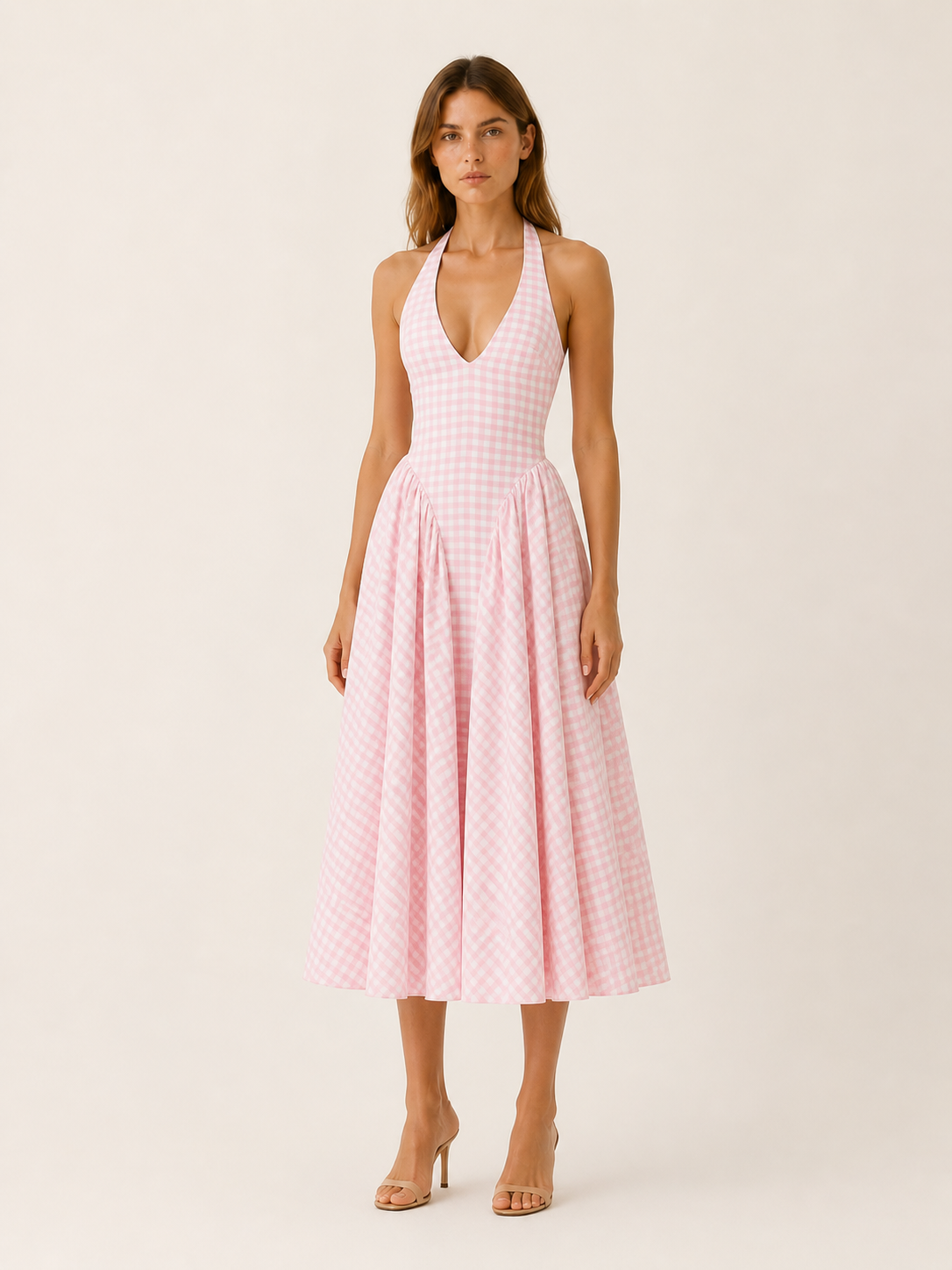 Serenella | Gingham Halter Midi Dress with Open Back