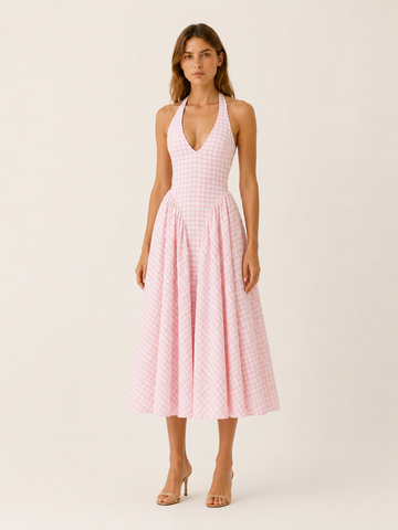 Serenella | Gingham Halter Midi Dress with Open Back