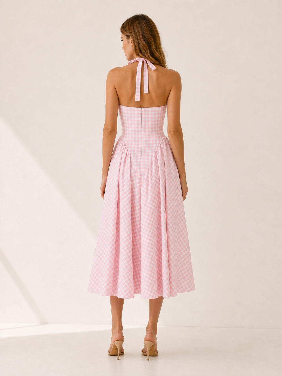 Serenella | Gingham Halter Midi Dress with Open Back