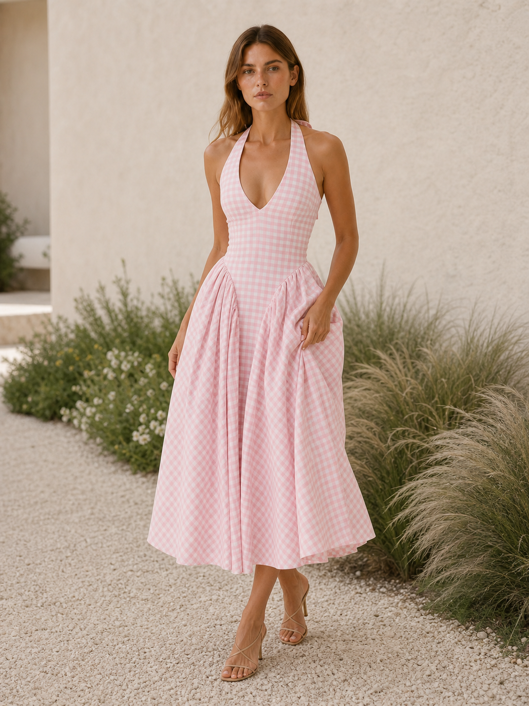 Serenella | Gingham Halter Midi Dress with Open Back