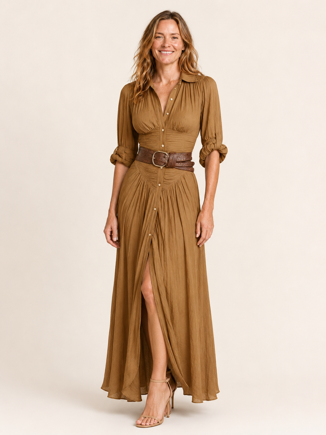 Severine | Women's Button Front Ruched Waist Summer Maxi Dress