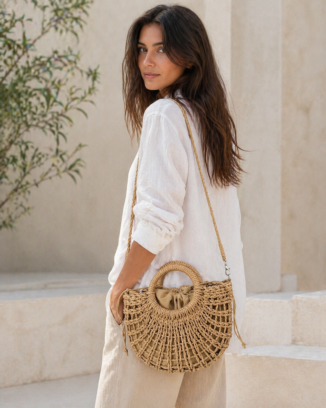 Solene | Women's Woven Round Handle Beach Bag