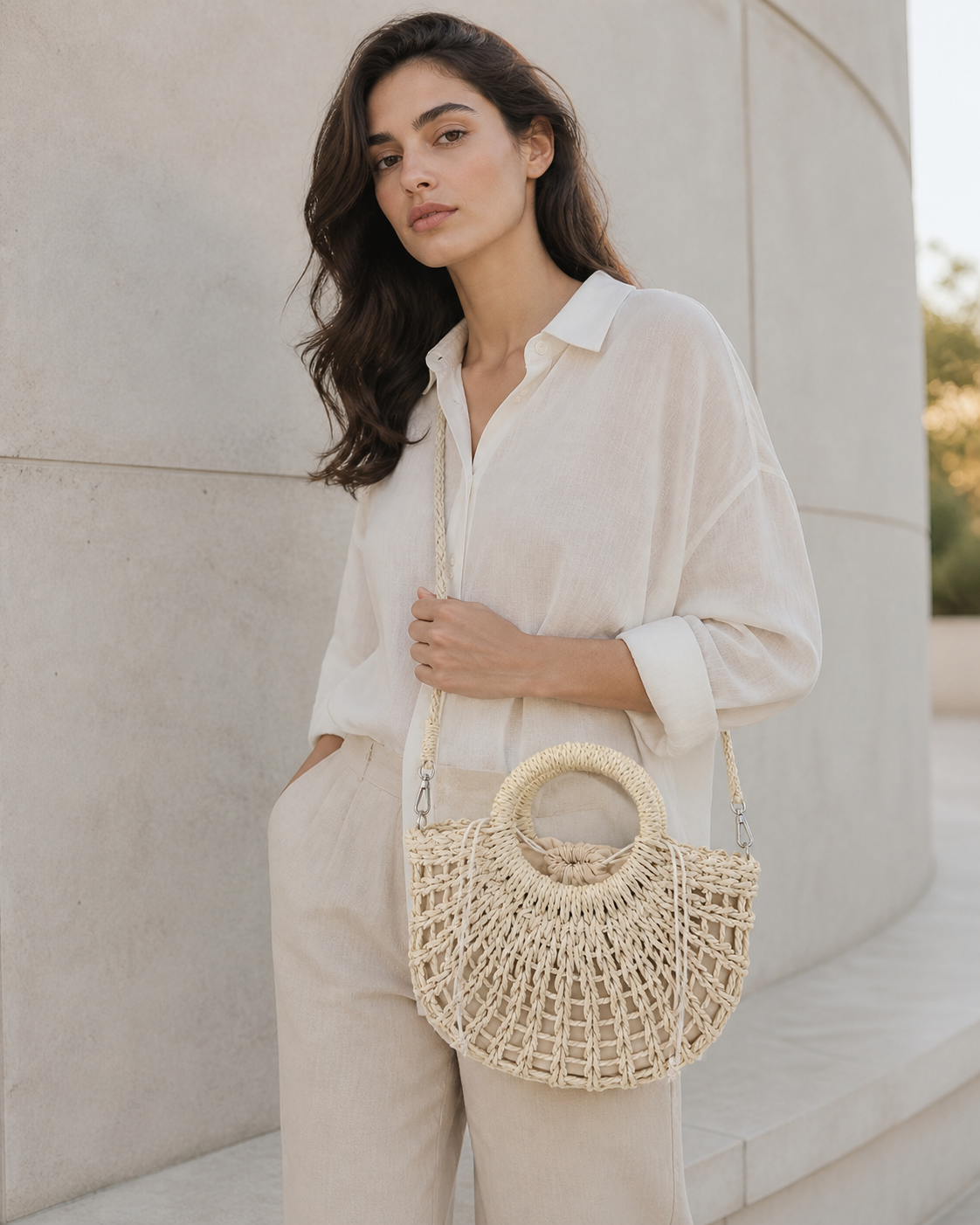 Solene | Women's Woven Round Handle Beach Bag