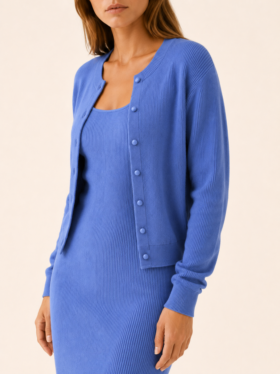 Solvra | Two Piece Midi Dress Set with Button Front Cardigan
