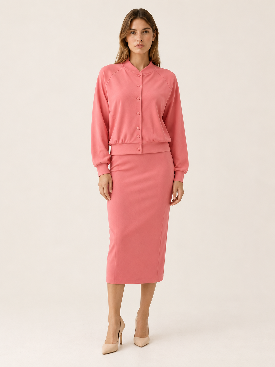 Solvra | Two Piece Midi Dress Set with Button Front Cardigan