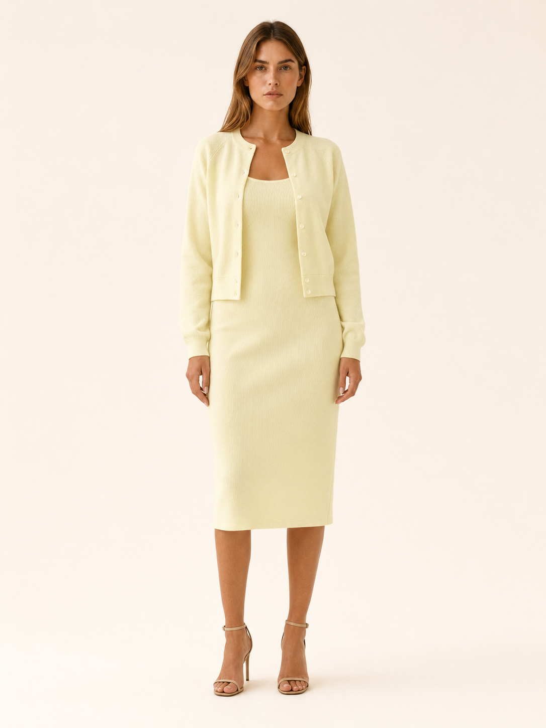 Solvra | Two Piece Midi Dress Set with Button Front Cardigan