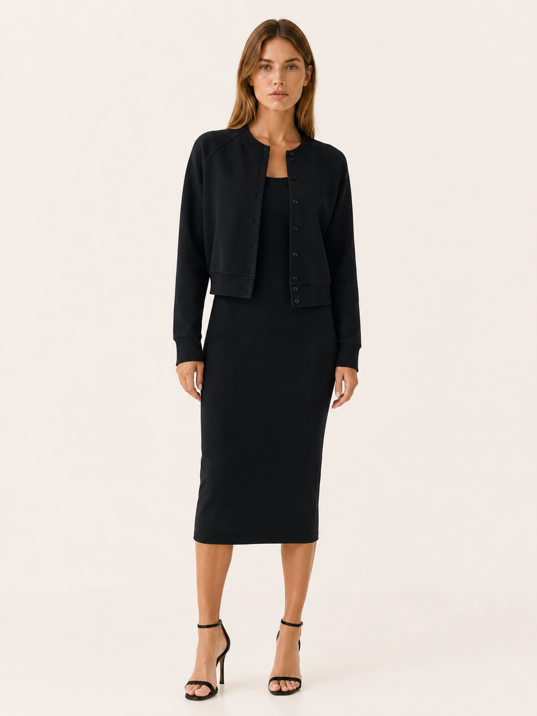 Solvra | Two Piece Midi Dress Set with Button Front Cardigan