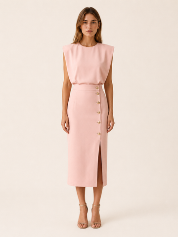 Suri | Midi Dress with Button Slit and Round Neck