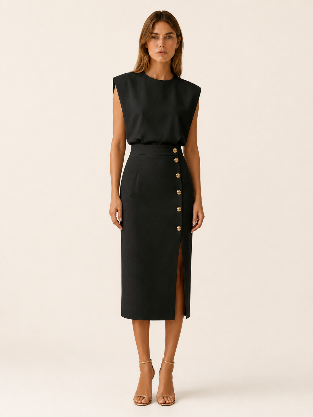 Suri | Midi Dress with Button Slit and Round Neck