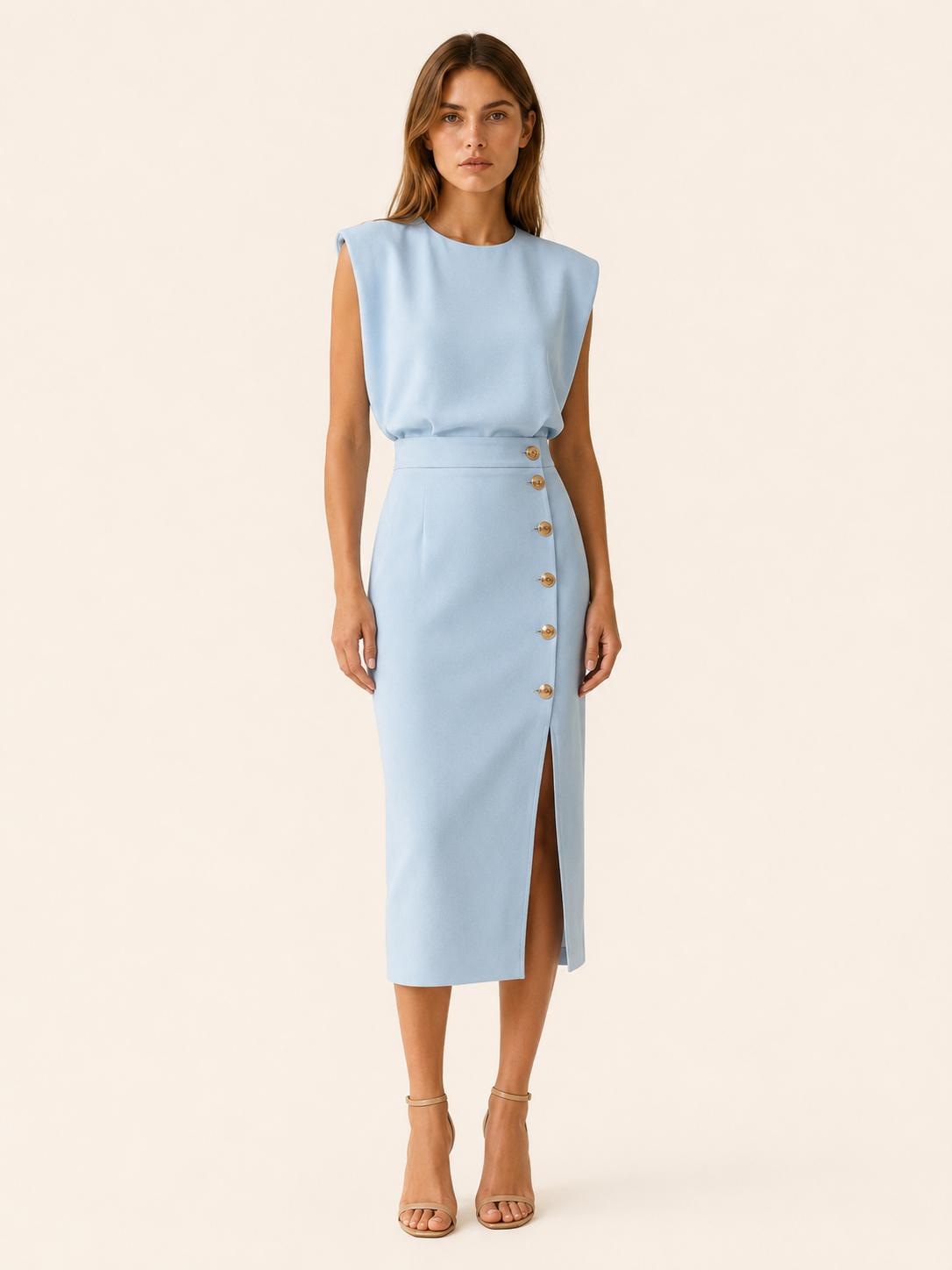 Suri | Midi Dress with Button Slit and Round Neck