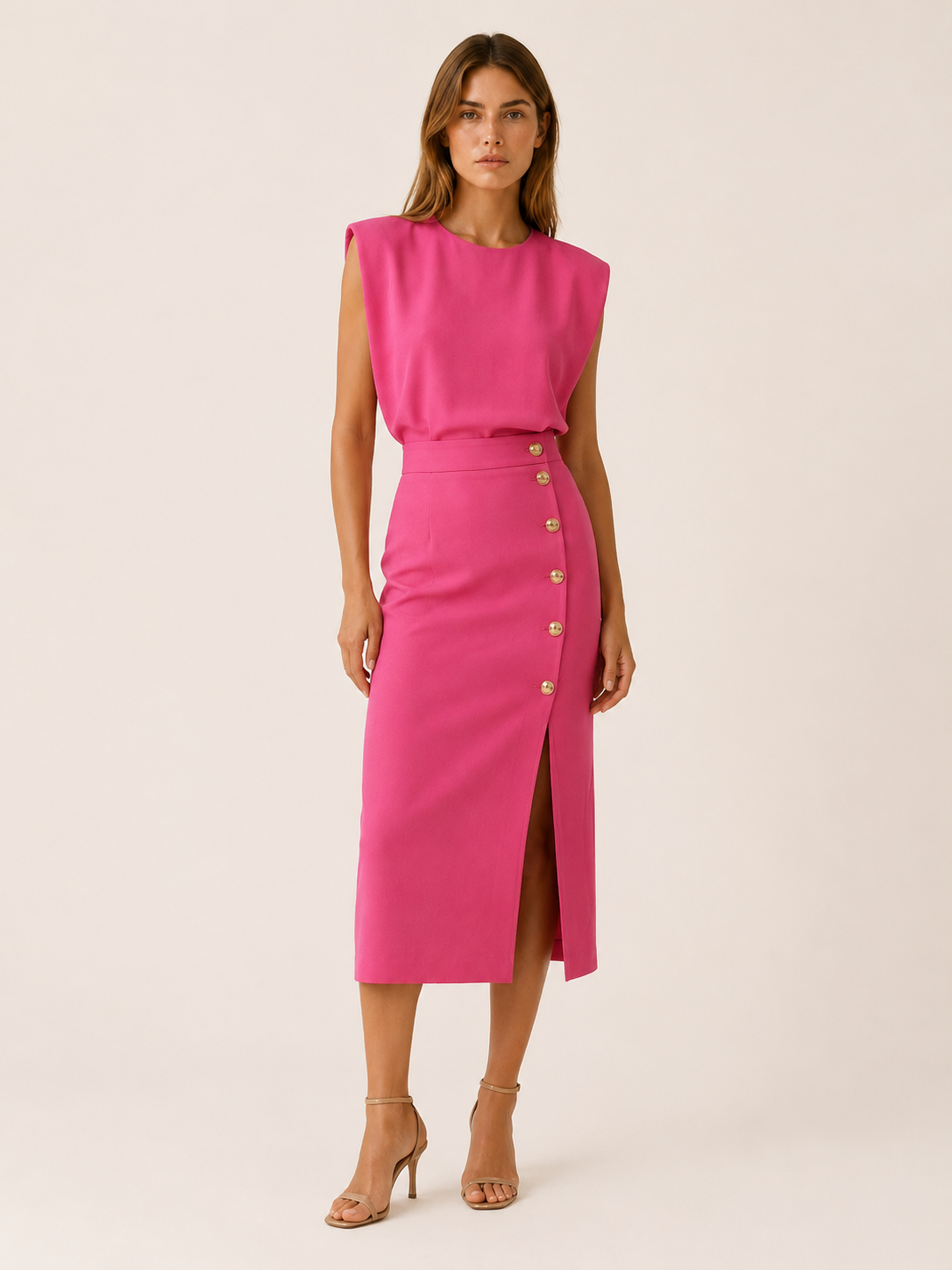 Suri | Midi Dress with Button Slit and Round Neck