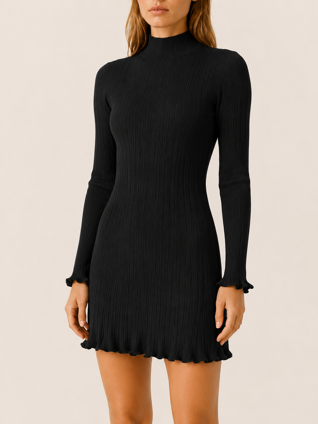 Tessa | Ribbed Knit Mini Dress with High Neck Long Sleeve