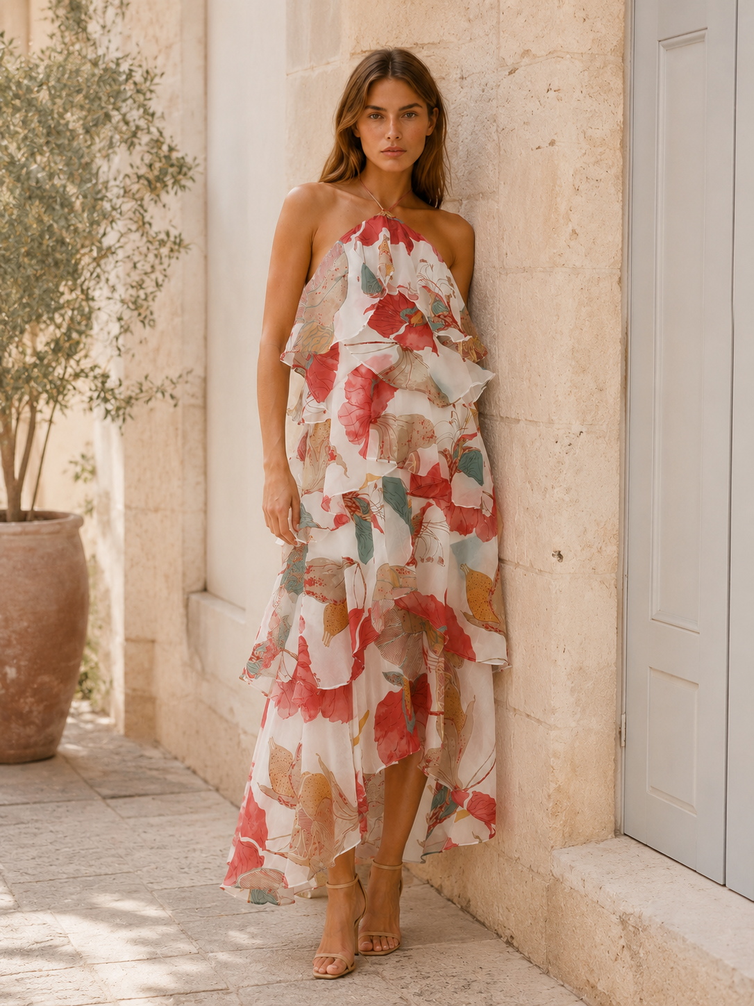 Thessaly | Halterneck Maxi Dress with Ruffle Skirt