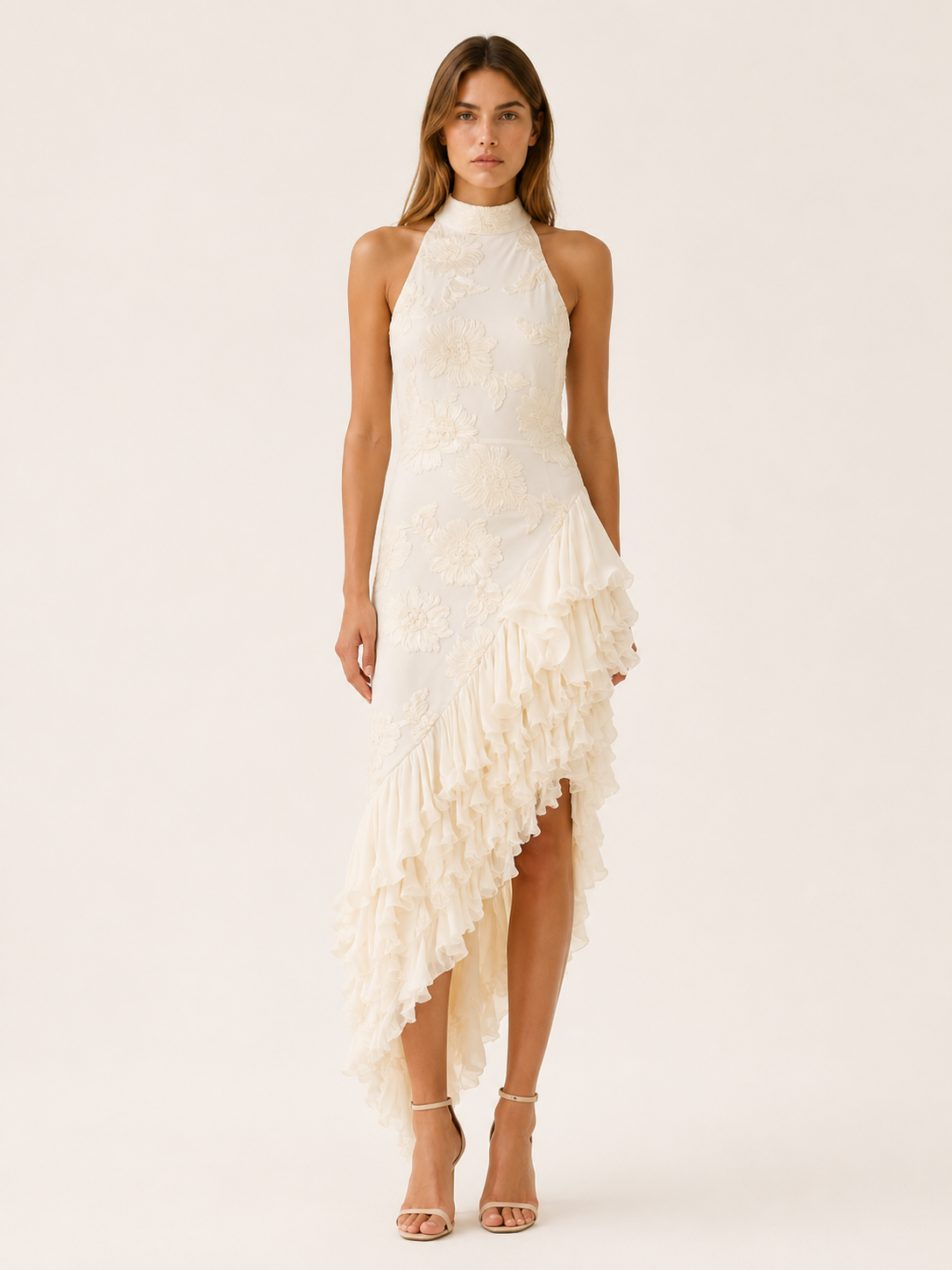 Tiana | Halter Neck Maxi Dress with Asymmetric Ruffle Hem
