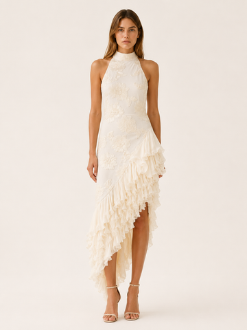 Tiana | Halter Neck Maxi Dress with Asymmetric Ruffle Hem