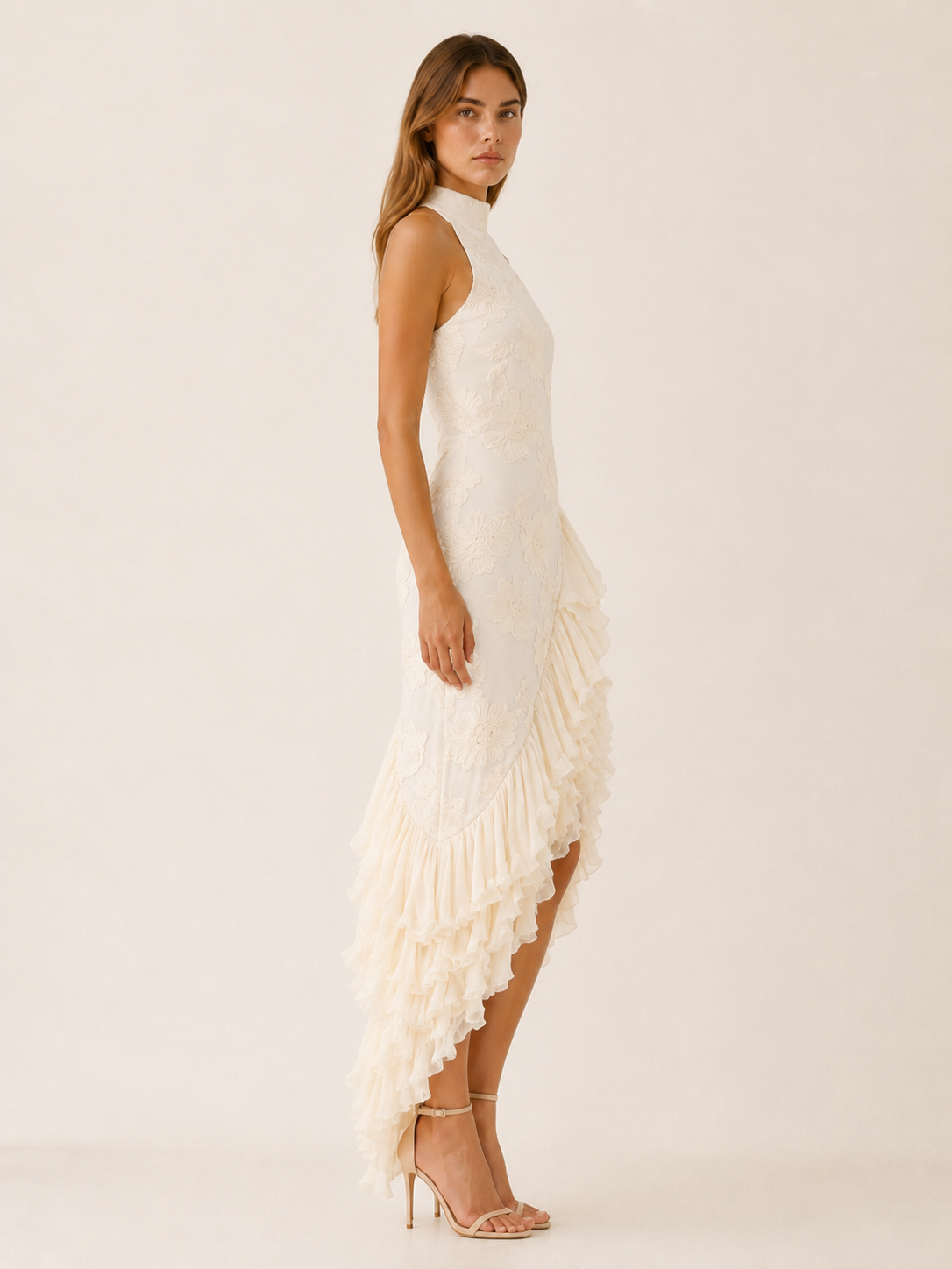Tiana | Halter Neck Maxi Dress with Asymmetric Ruffle Hem