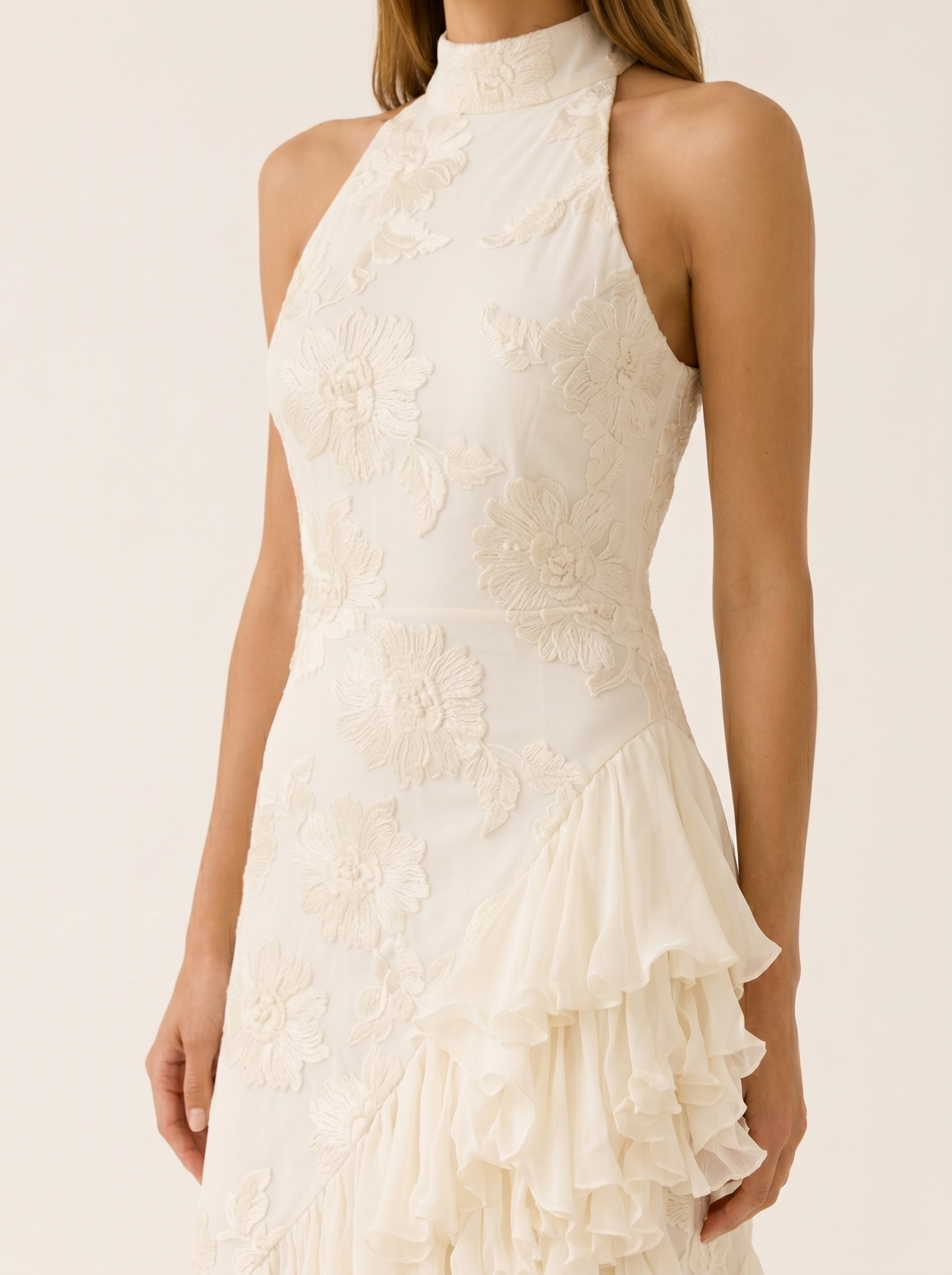 Tiana | Halter Neck Maxi Dress with Asymmetric Ruffle Hem