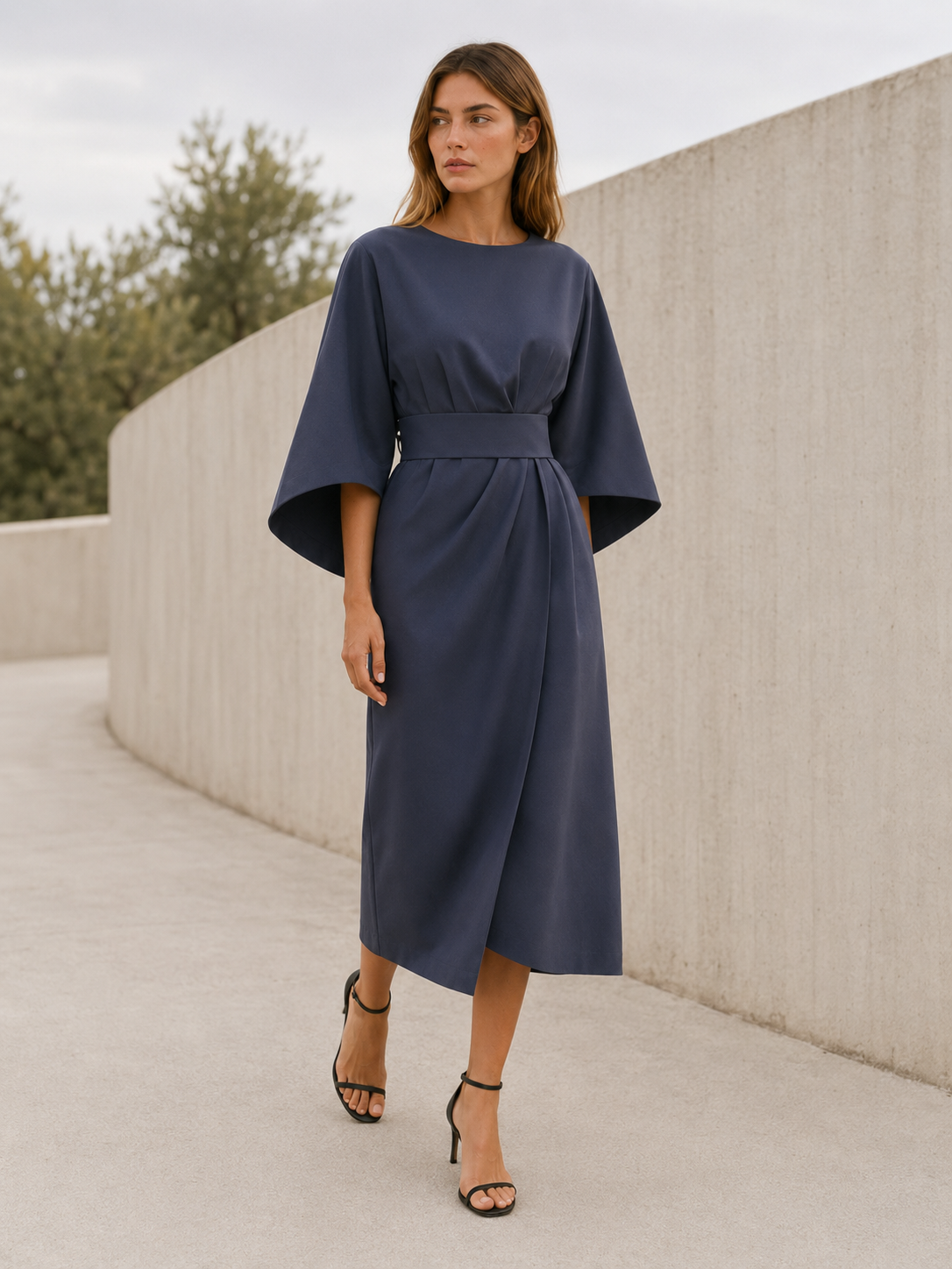 Tindra | Belted Midi Dress with Wide Sleeves