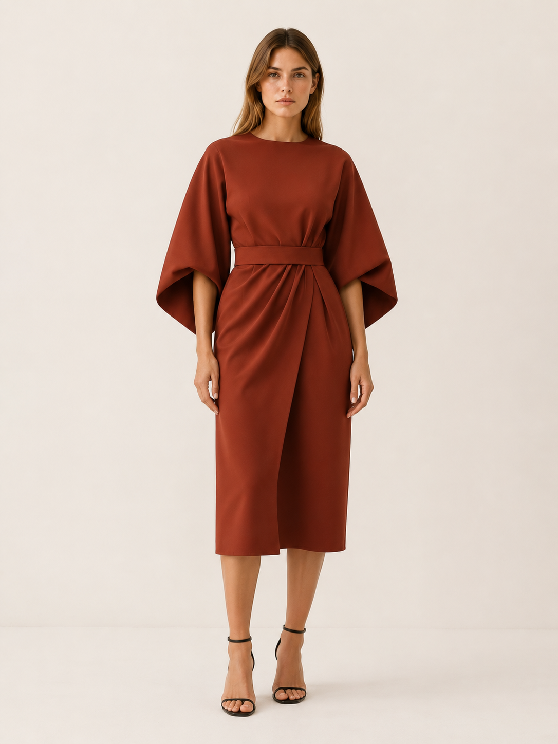 Tindra | Belted Midi Dress with Wide Sleeves