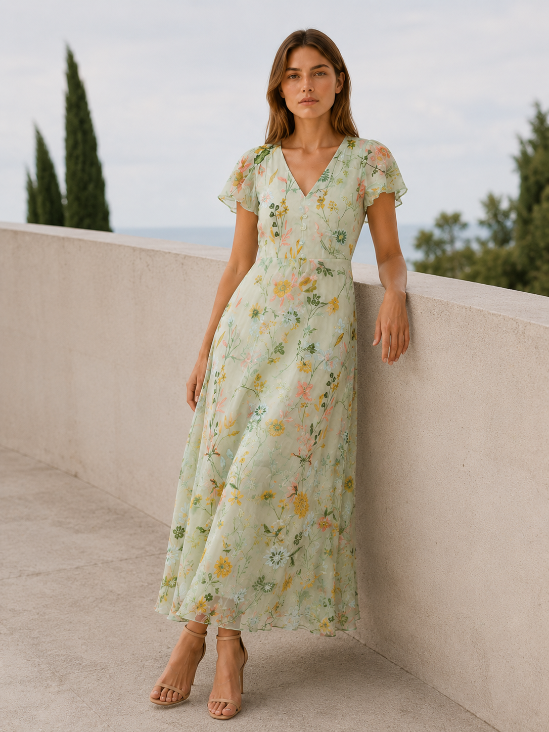 Vanda | Maxi Dress with V Neck and Short Sleeves
