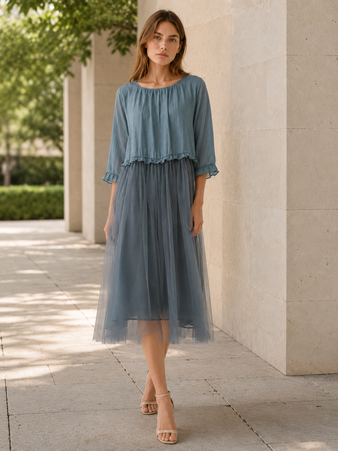 Vesta | Summer Midi Dress with Chiffon Patchwork