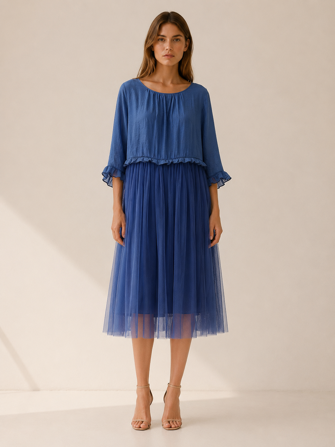 Vesta | Summer Midi Dress with Chiffon Patchwork