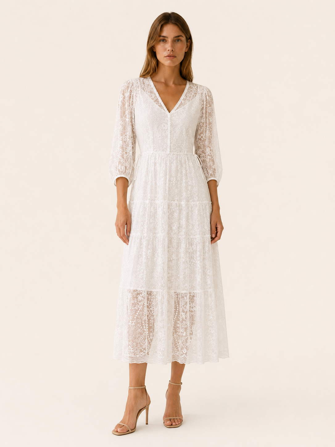 Zamira | Flowy Midi Dress with V Neck and Belted Waist