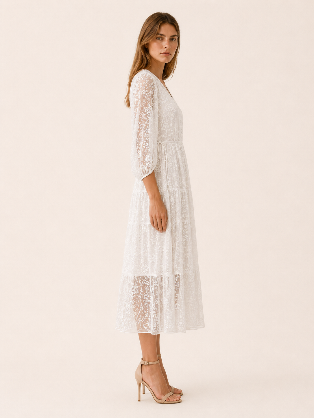 Zamira | Flowy Midi Dress with V Neck and Belted Waist