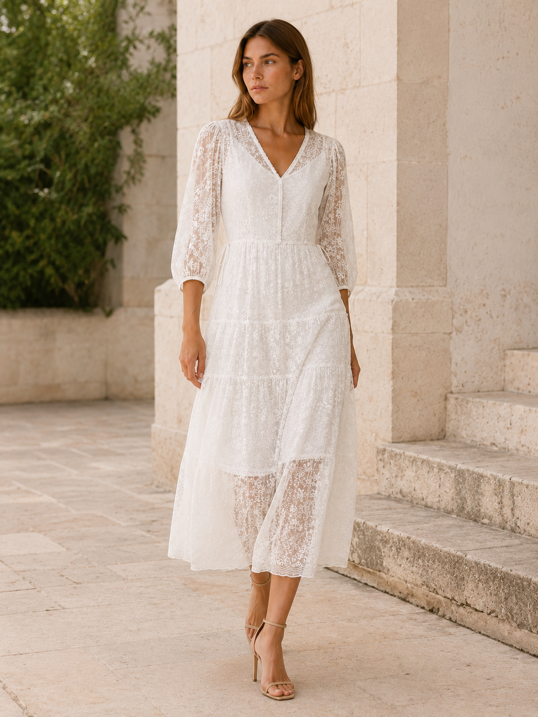 Zamira | Flowy Midi Dress with V Neck and Belted Waist