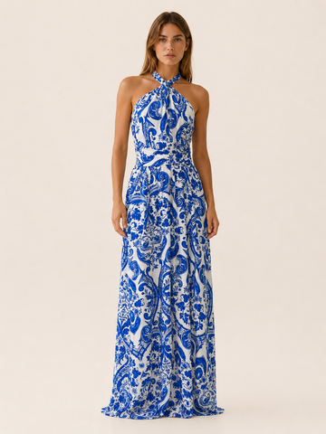 Zarevia | Halter Maxi Dress with Blue Print Backless Fit