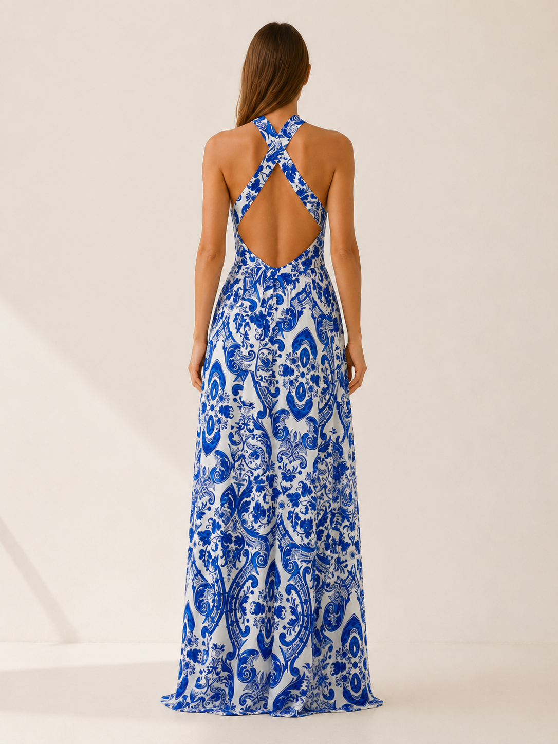 Zarevia | Halter Maxi Dress with Blue Print Backless Fit