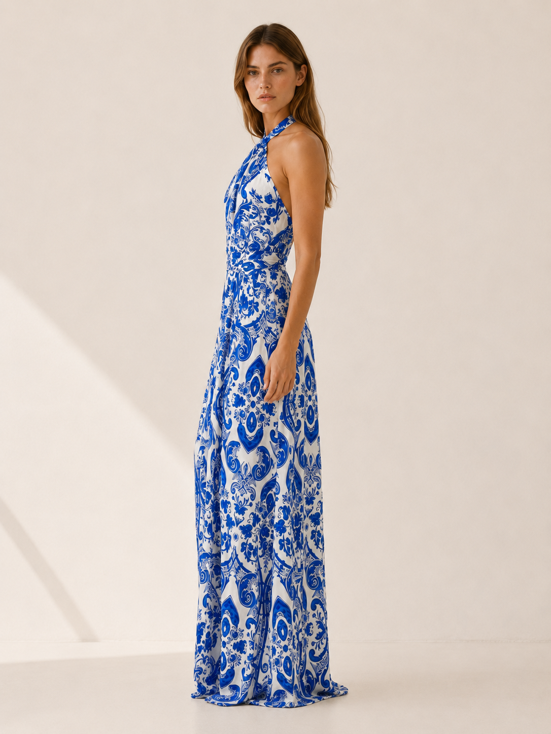 Zarevia | Halter Maxi Dress with Blue Print Backless Fit