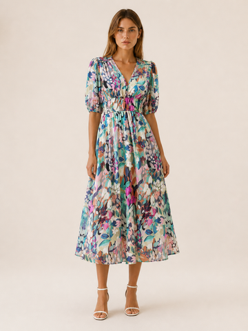 Zerina | Flowy Midi Dress with V Neck