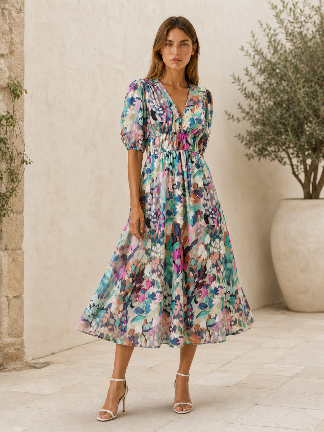 Zerina | Flowy Midi Dress with V Neck