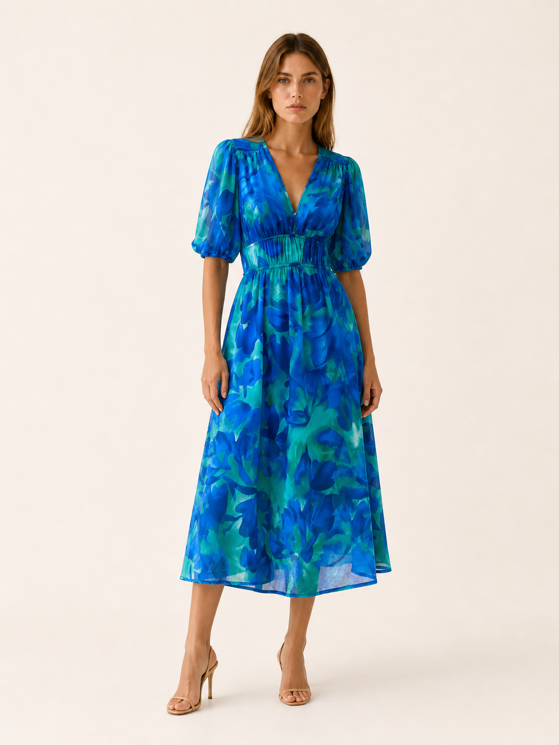 Zerina | Flowy Midi Dress with V Neck