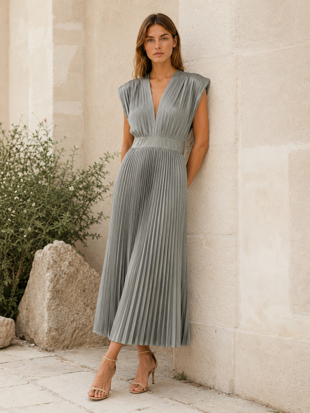 Zosia | Pleated Midi Dress with V Neck